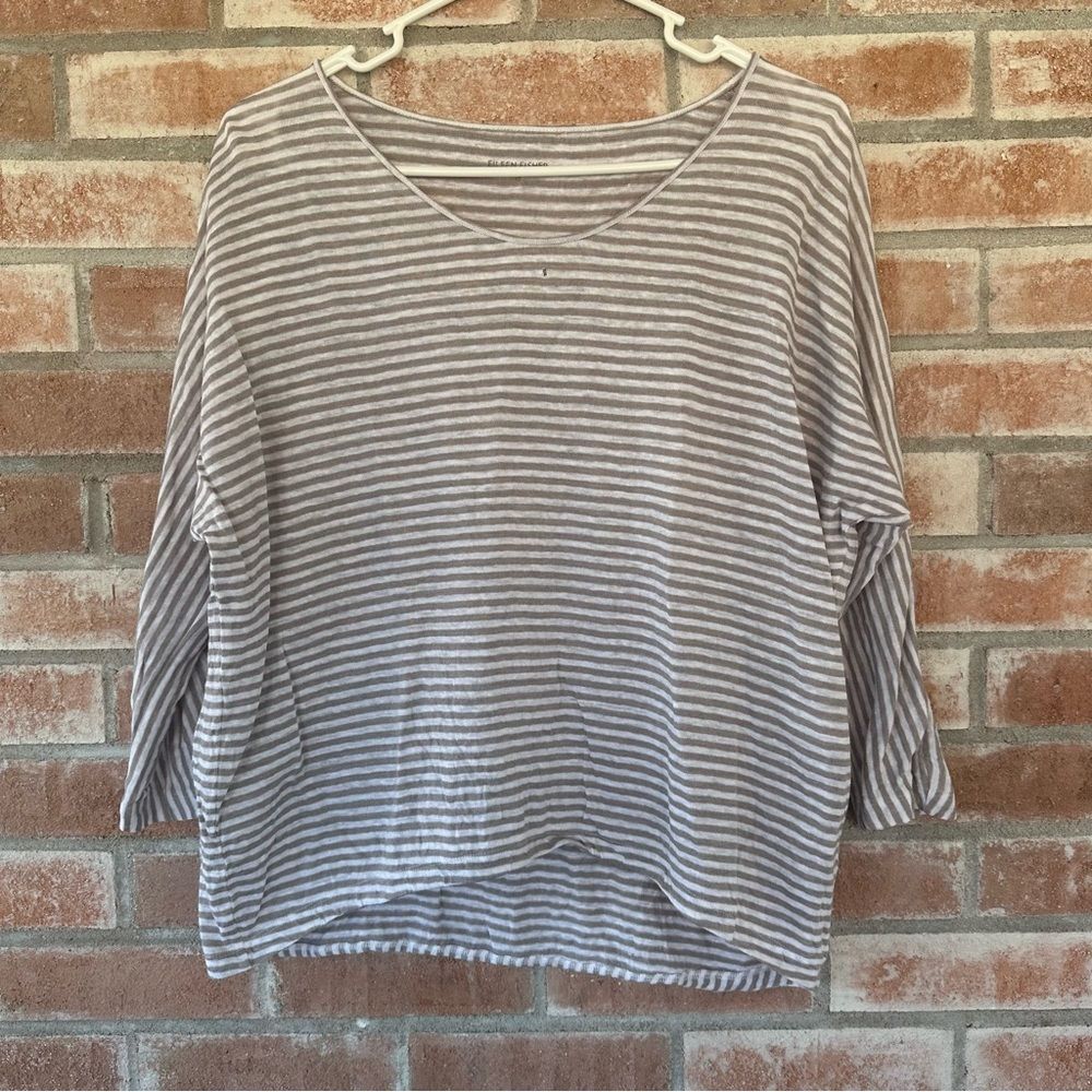 Eileen Fisher Striped 100% Linen Knit Shirt 3/4 Sleeve Taupe White Women’s XS